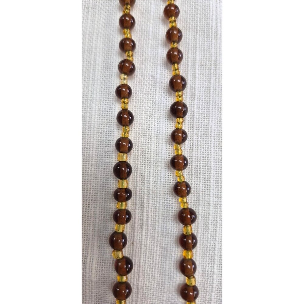 Vintage Long Beaded Necklace Brown & Cream Agate-Like Beads Glass Accents & Gold - Picture 8 of 9